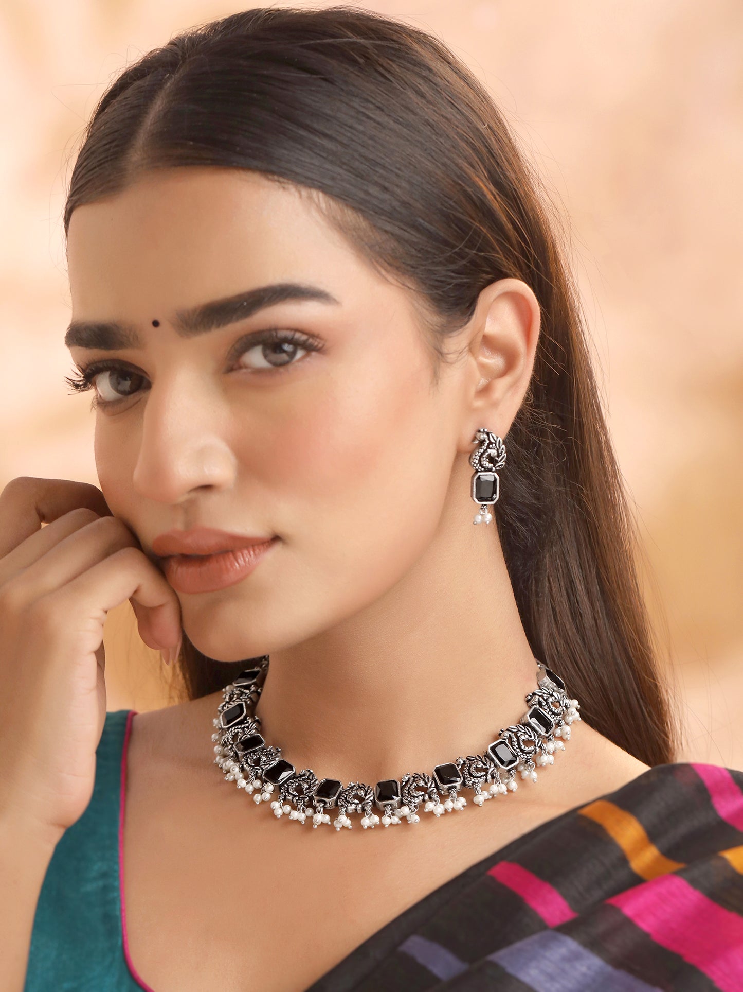 Yellow Chimes black stone choker - traditional attire accessory