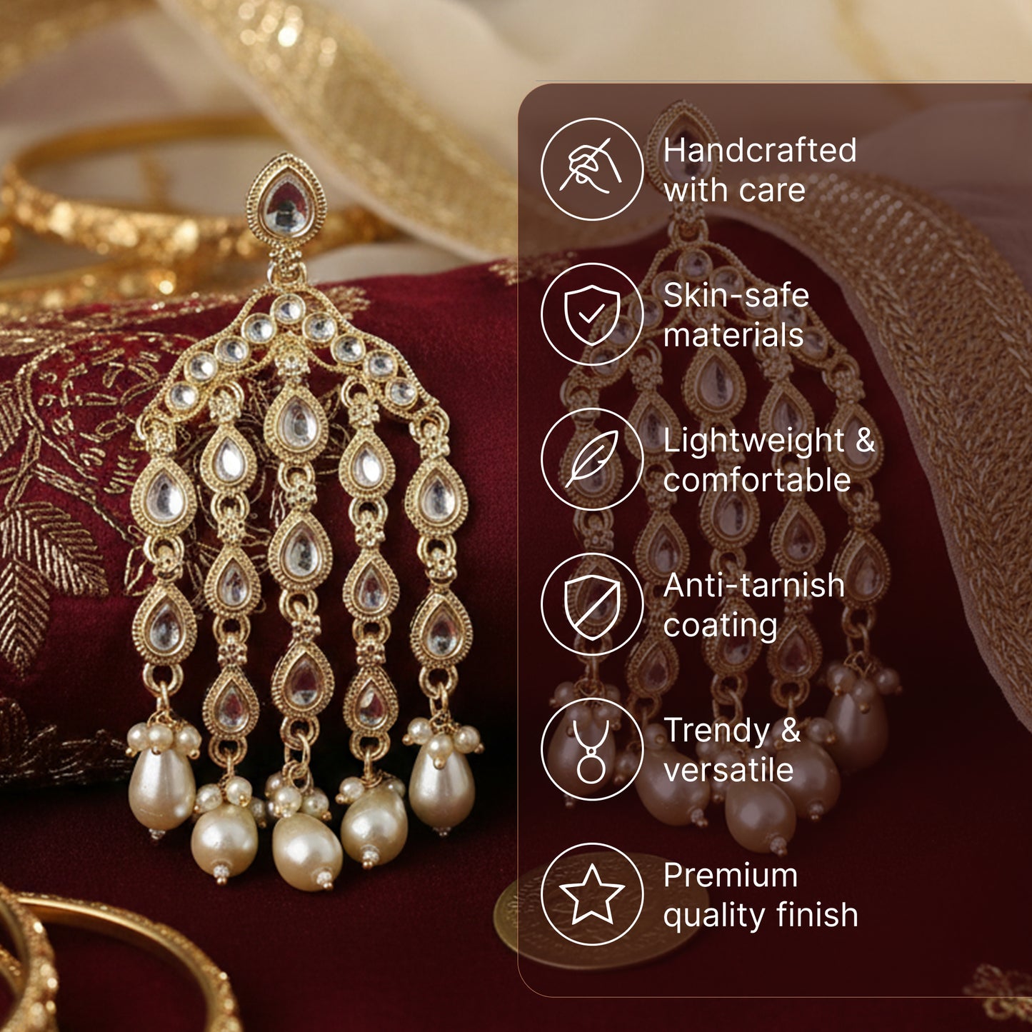 Yellow Chimes Kundan Pearl Drop Earrings - Festive wear