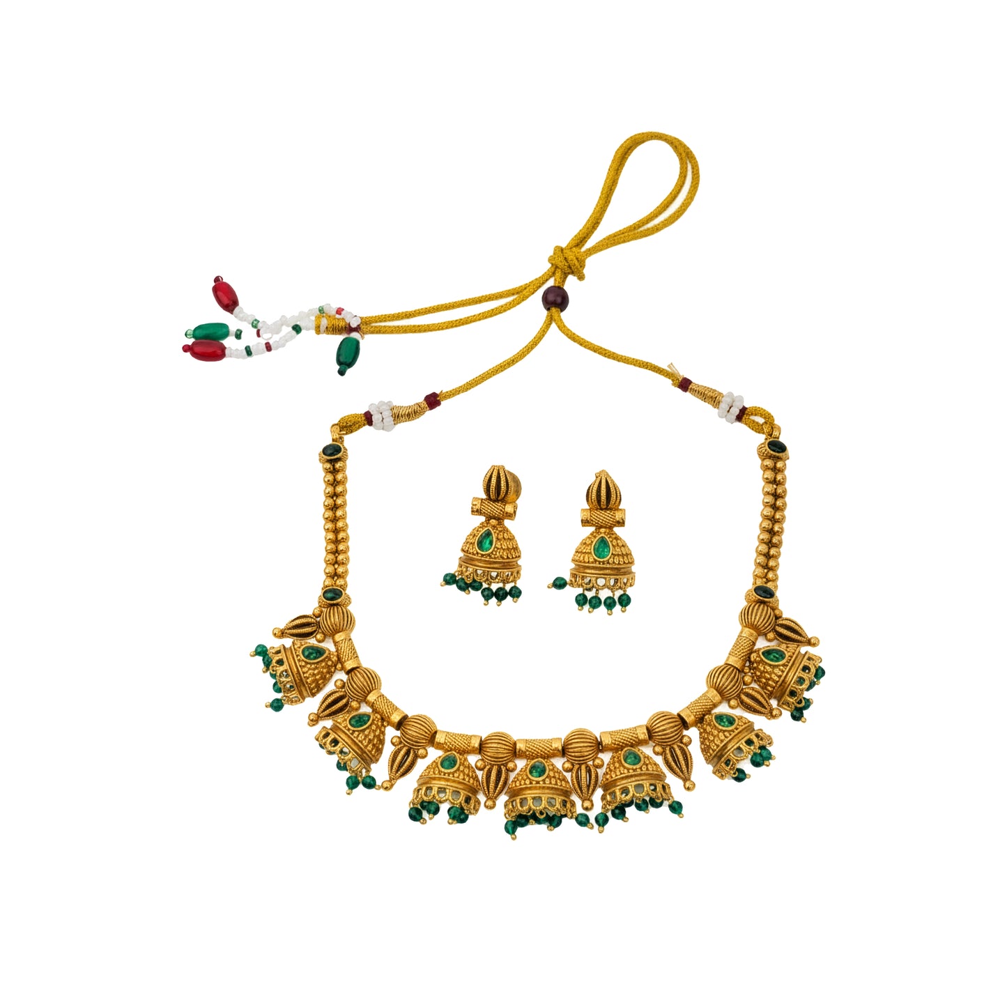 Yellow Chimes Antiqued Necklace and Earrings - Ethnic Wear