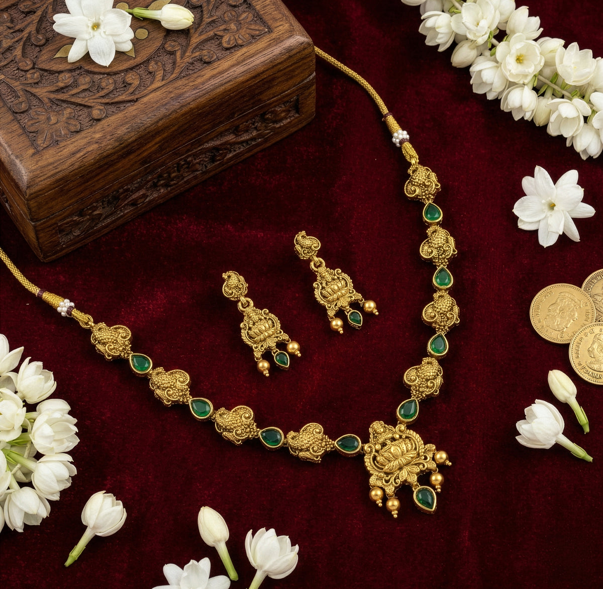 Yellow Chimes green stone jewellery - temple visit elegance