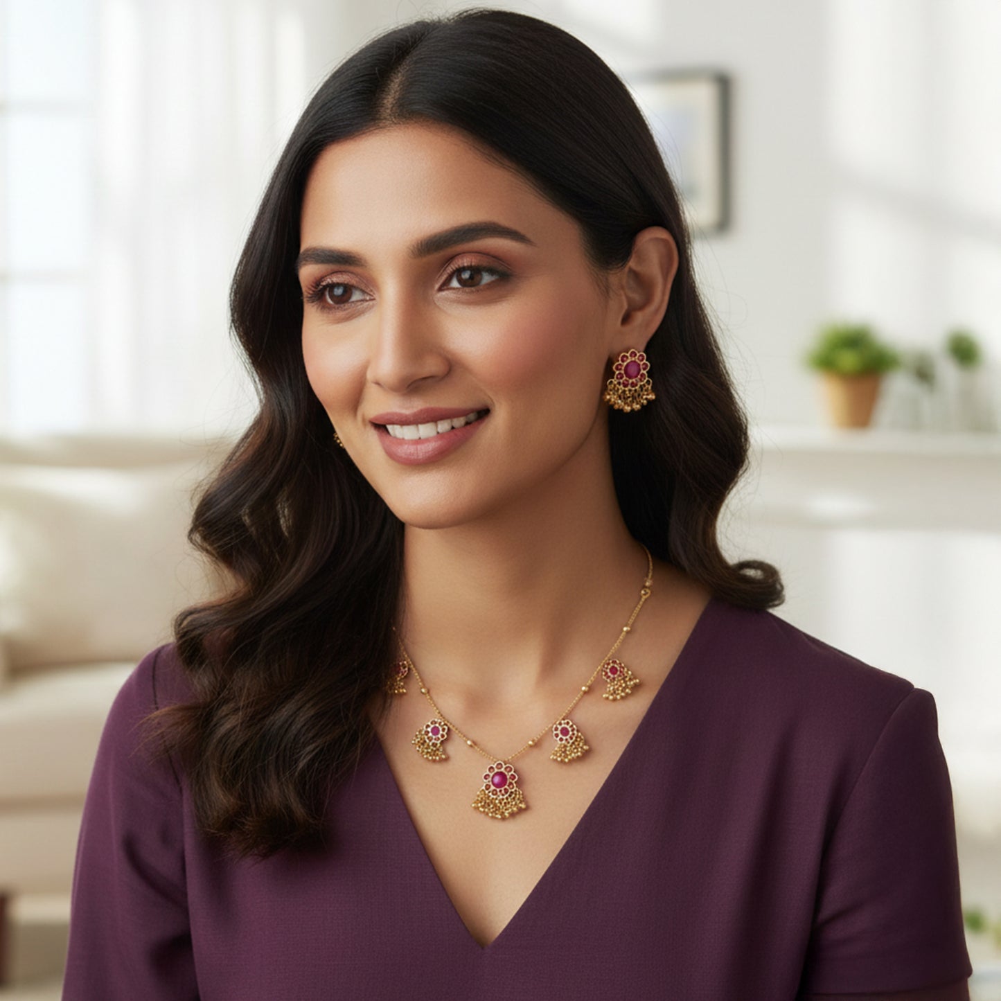 Yellow Chimes Pink Stone Floral Jewellery Set - Festive Wear