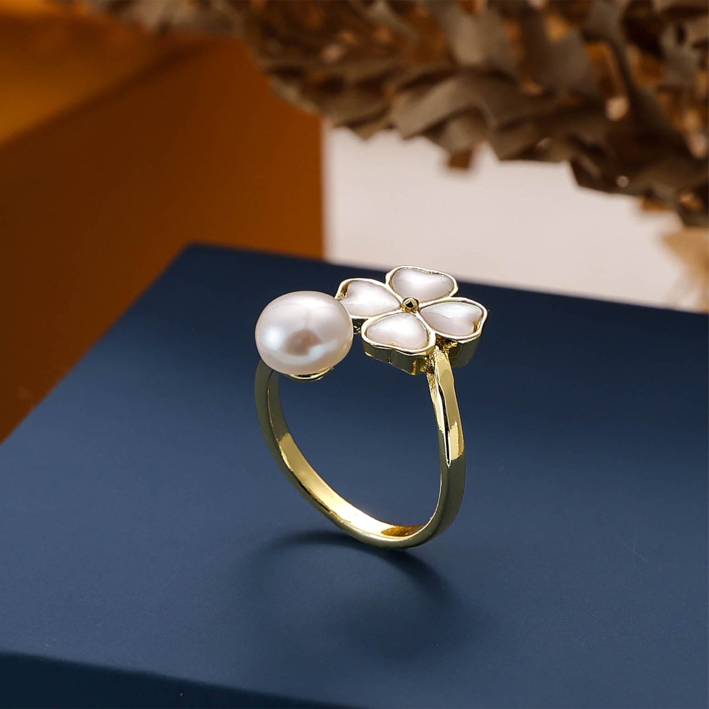 Yellow Chimes statement jewellery - Stylish pearl flower ring