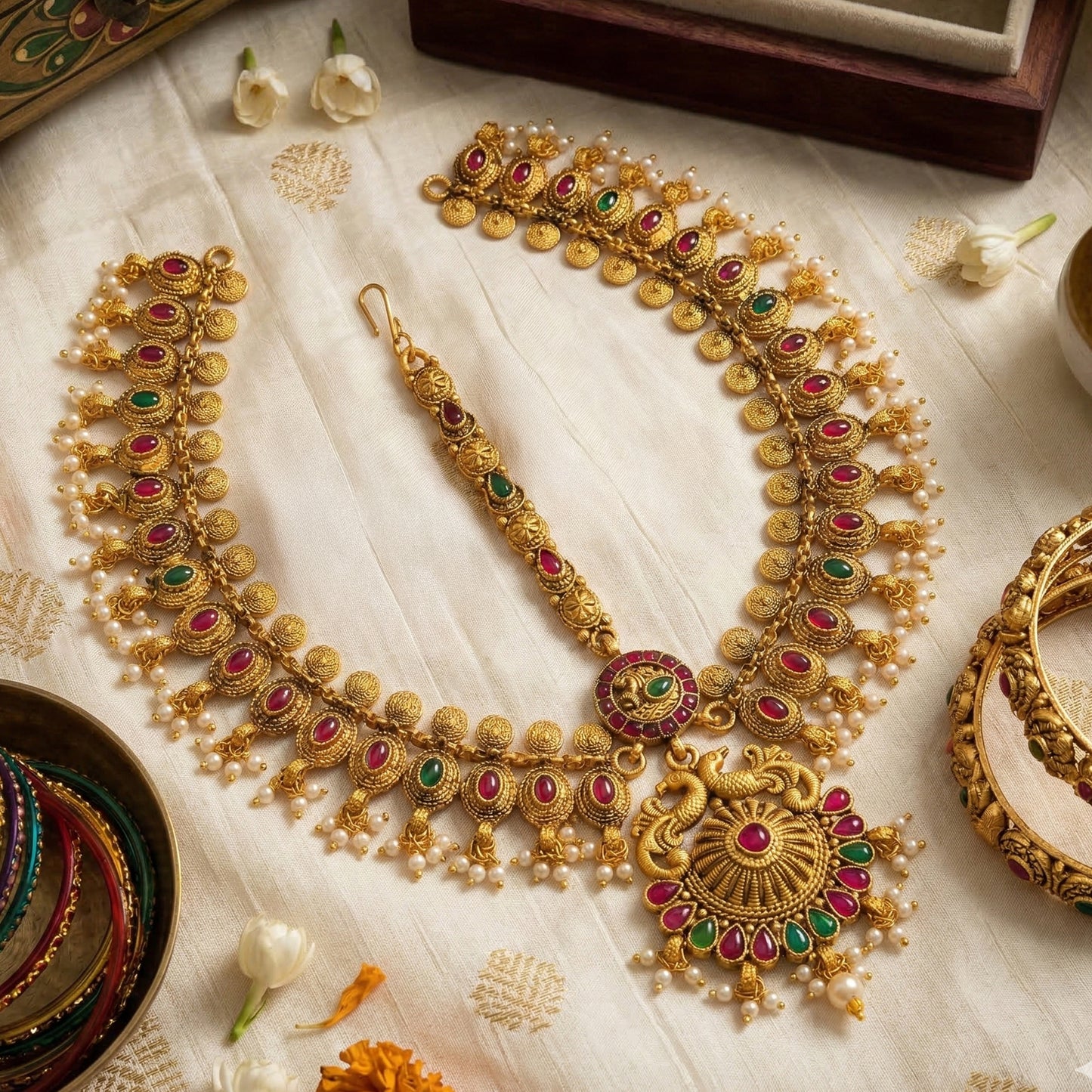 Yellow Chimes bridal mahapatti - adorned with red and green stones