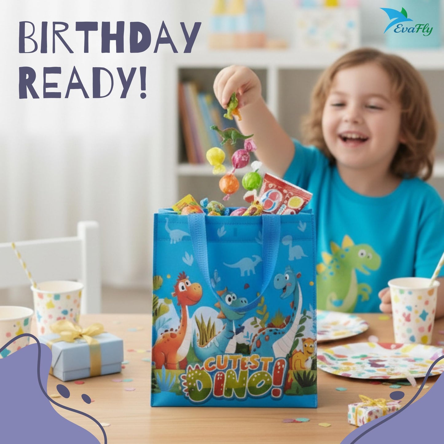 Evafly Dino print gift bags - Assorted colors for celebrations