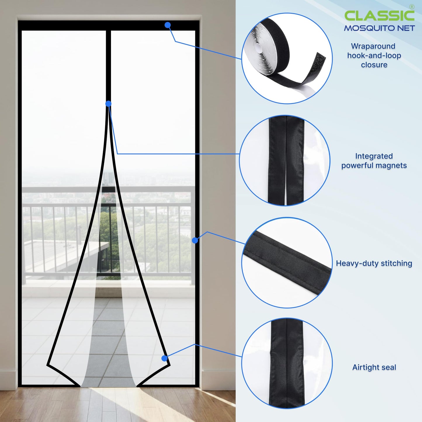 Classic Mosquito Net AC Door Curtain - Easy Magnetic Closure