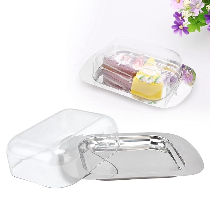 Kuber Industries Pack of 2 Butter Box Container | Steel Butter Dish Box | Cheese Storage Keeper Tray | Butter Keeper Container | Butter Storage Container Tray | Butter Tray | 11008-D | Silver