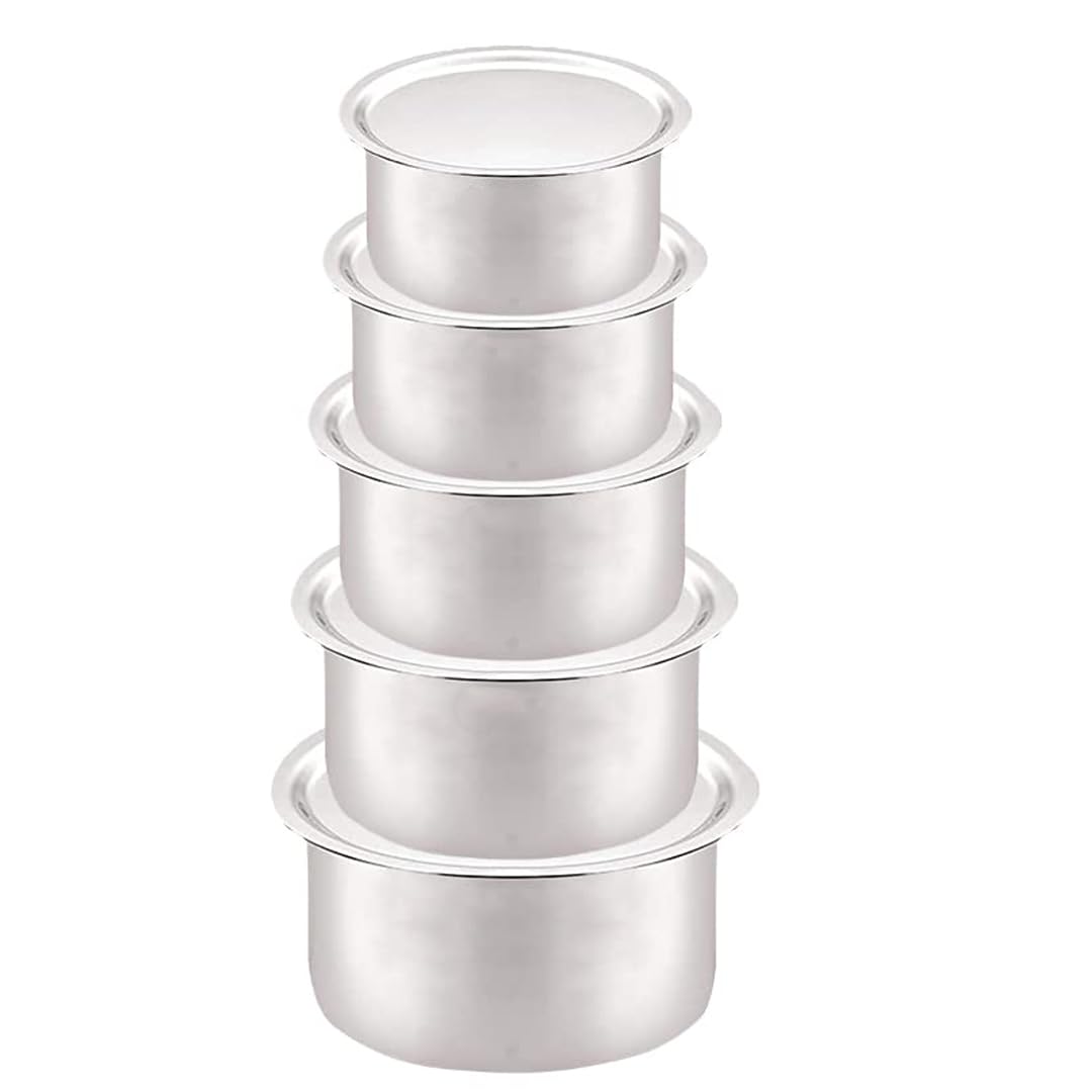 Kuber Industries Set of 5 Stainless Steel Tope Set (800ml, 1L, 1.4L, 1.9L and 2.4L) with Lids I Gas Stove and Induction Compatible I Triply Tope I Heavy Duty Gauge