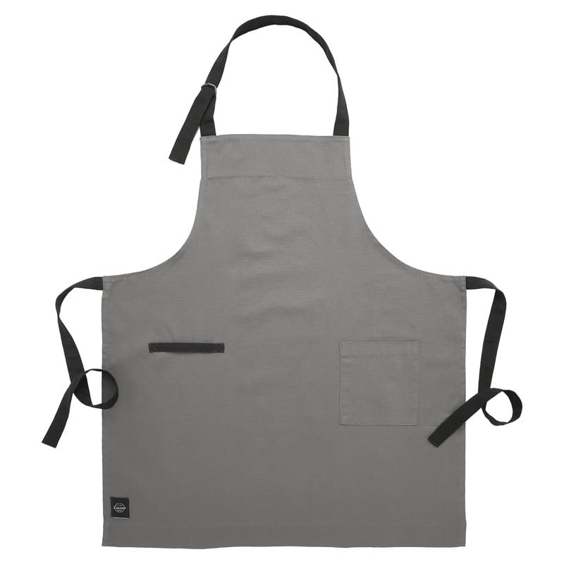 Encasa XO Cotton Stain-Resistant Kitchen Bib Apron - Grey With Adjustable Straps, Pocket & Towel Holder | For Home & Outdoors Cooking - Men & Women - 68x85 cm