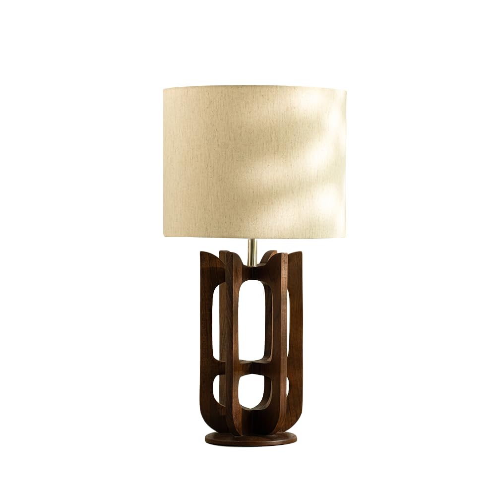 Wooden Table Lamp with White Shade | Decorative Night Light for Bedroom & Living Room | 35 x 35 x 69 cm | Brown