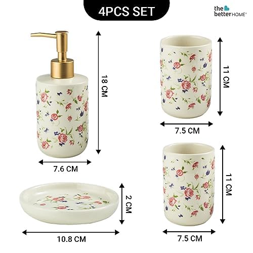 The Better Home 4Pcs Bathroomware Set White (Set of 2) Ceramic Soap Dispenser, Beaker, Soap Dish, Brush Holder Bathroom Set