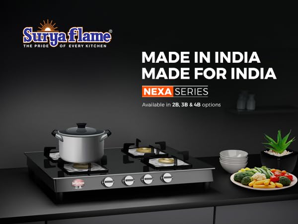 Gas Stove with Glass Top & Stainless Steel Body | 4 Burners | Black | Includes 2-Year Warranty