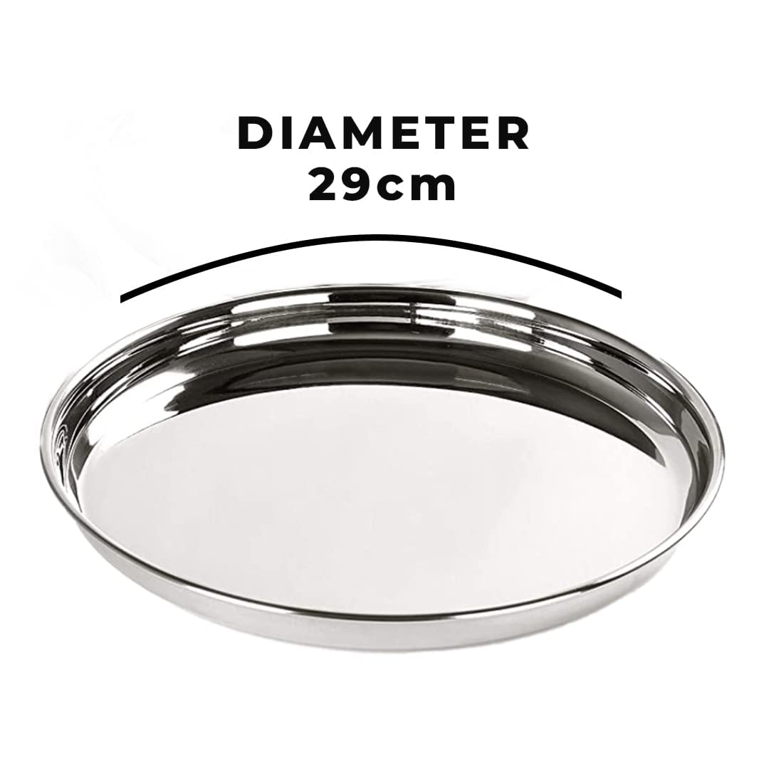 Kuber Industries Stainless Steel Dinner Plates Set of 6 | 29 cm Dia I Heavy Gauge & Deep Base | Mirror Finish | Multi Purpose Steel Thali Set of 6 (Pack of 2)