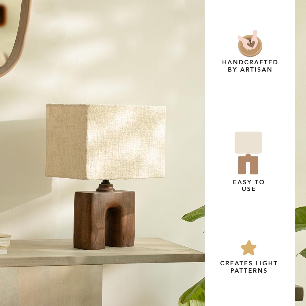 Wooden Table Lamp - Polished, Touch Control, Energy Efficient | Includes Shade | 31 x 18 x 41 cm | Beige