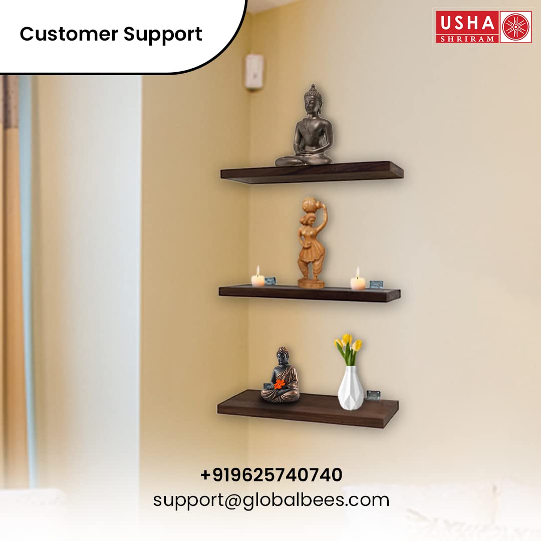 USHA SHRIRAM Wall Mounted Shelf | Shelf for Living Room Decor | Wooden Shelf for Wall | Durable & Sturdy Sheesham Wood | 3 Piece | Home Decor