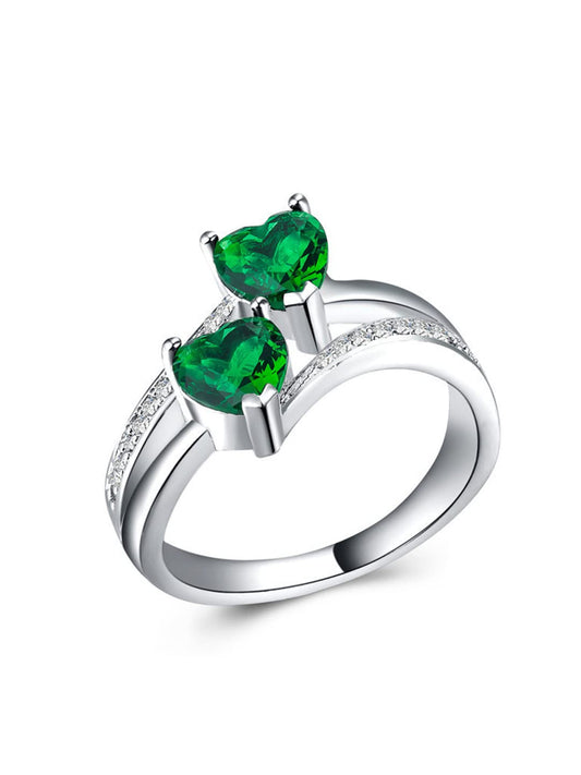 Yellow Chimes Rings for Women and Girls Blue Color Ring | Silver Tone Dual Heart Shaped Green Crystal Finger Ring for Women | Birthday Gifts For Women Valentine Gift for Girls