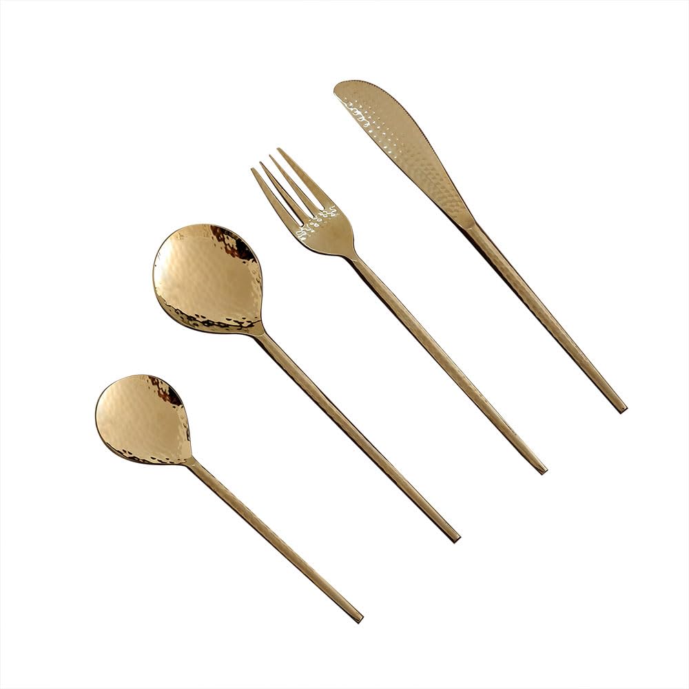 Ellementry Norah Gold Hammered Cutlery Set of 4 | Stainless Steel Set | Food Grade Silverware for Home & Kitchen | Dishwasher Safe | Cutlery Set for Dining Table | Spoon/Fork/Knife Set