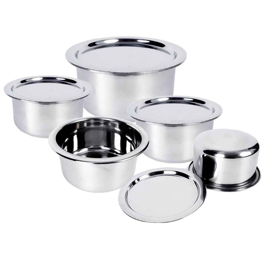 Kuber Industries Steel Tope/Patila/cookware with Lids, 800 ml, 1000 ml, 1400 ml, 1900 ml, 2400 ml, 5 Piece (Steel) (Pack of 6)