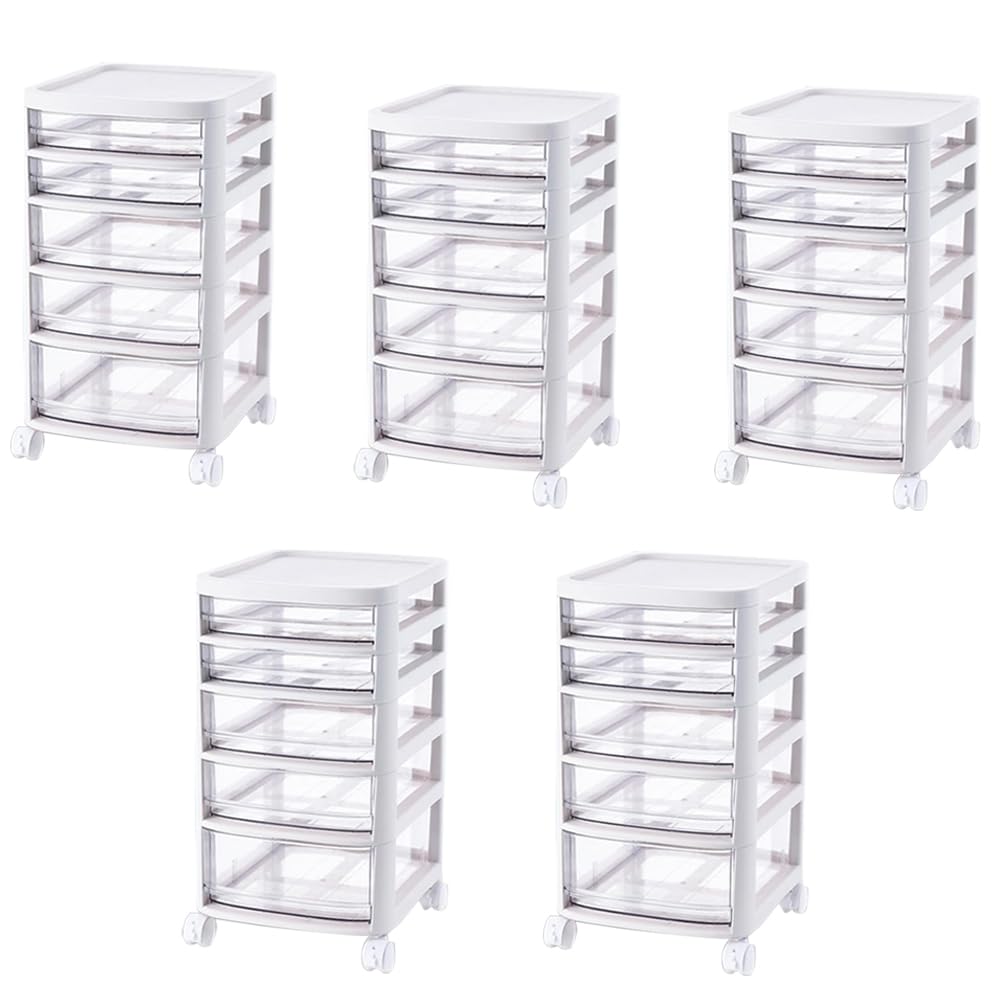 Combo: 5 Layer Cosmetic Cabinet with Trolley - 5-Tier Rolling Cart, Shelf Stand & Drawer | Pack of 5 | White