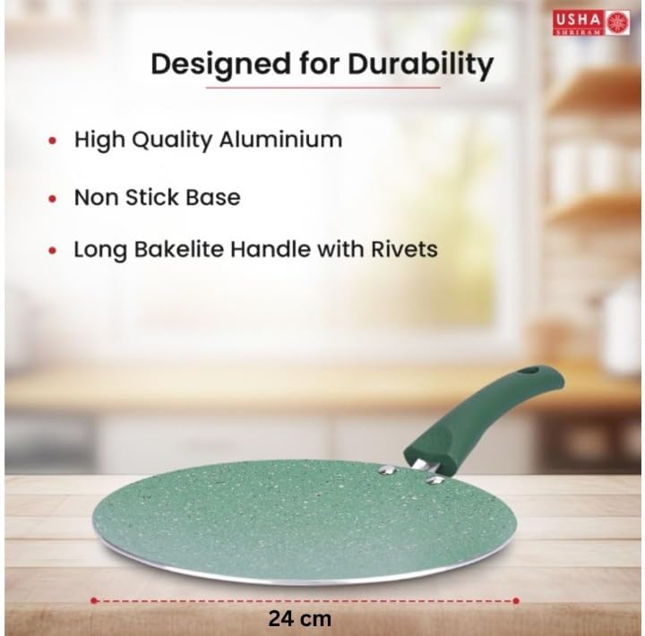 USHA SHRIRAM Green Non-Stick Cookware Set|18cm Deep Small Fry Pan, 24cm Roti Tawa, 1L Sauce Pan,26cm Deep Fry Kadai with Lid|Minimal Oil CookingEasy Grip Handles |Non-Toxic & Lightweight (Pack of 4)