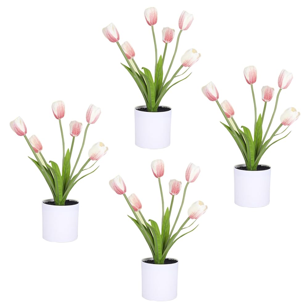 Kuber Industries Artificial Plants for Home D?cor|Natural Looking Indoor Fake Plants with Pot|Artificial Flowers for Decoration-Pack of 4 (Pink)