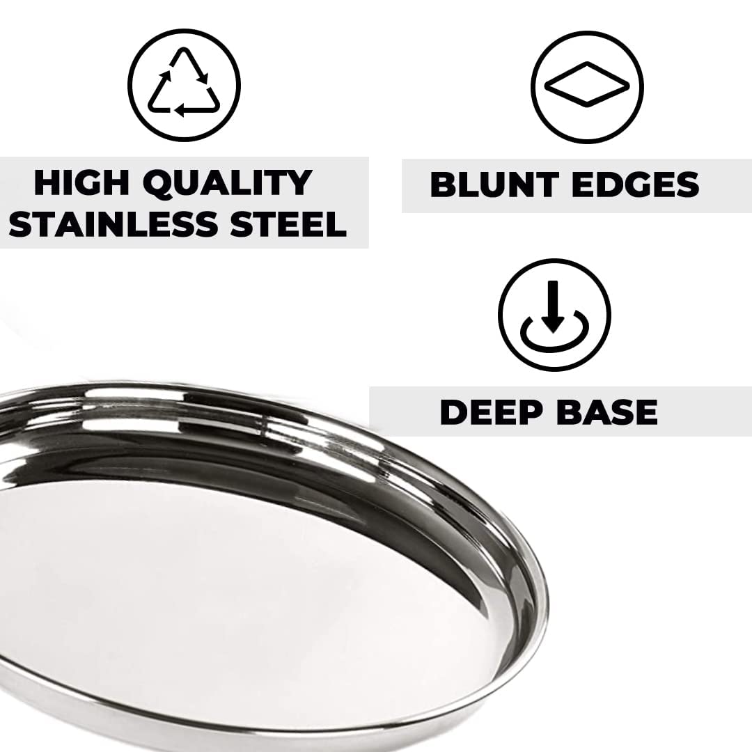 Kuber Industries Stainless Steel Dinner Plates Set of 6 | 29 cm Dia I Heavy Gauge & Deep Base | Mirror Finish | Multi Purpose Steel Thali Set of 6 (Pack of 2)