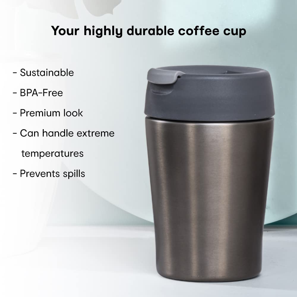 Insulated Travel Mug - BPA Free, Leak Proof Flip Lid, Double Wall | 365 ML | Grey | Keeps Hot/Cold for 6 Hours