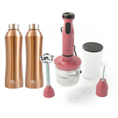 The Better Home FUMATO Turbo Pro600W Electric Hand Blender 4-1 Pink & Stainless Steel Water Bottle 1 Litre Pack of 2 Gold