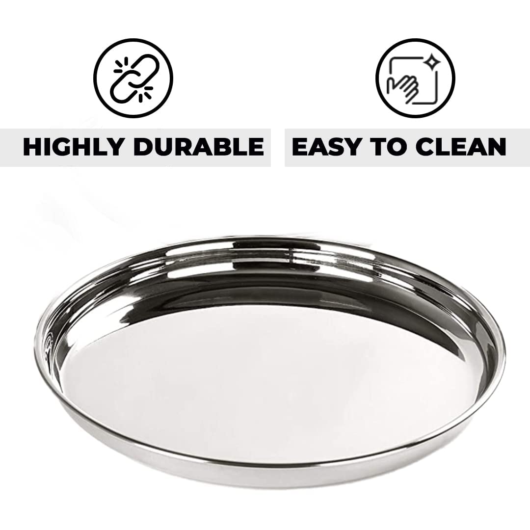 Kuber Industries Stainless Steel Dinner Plates Set of 6 | 29 cm Dia I Heavy Gauge & Deep Base | Mirror Finish | Multi Purpose Steel Thali Set of 6 (Pack of 2)