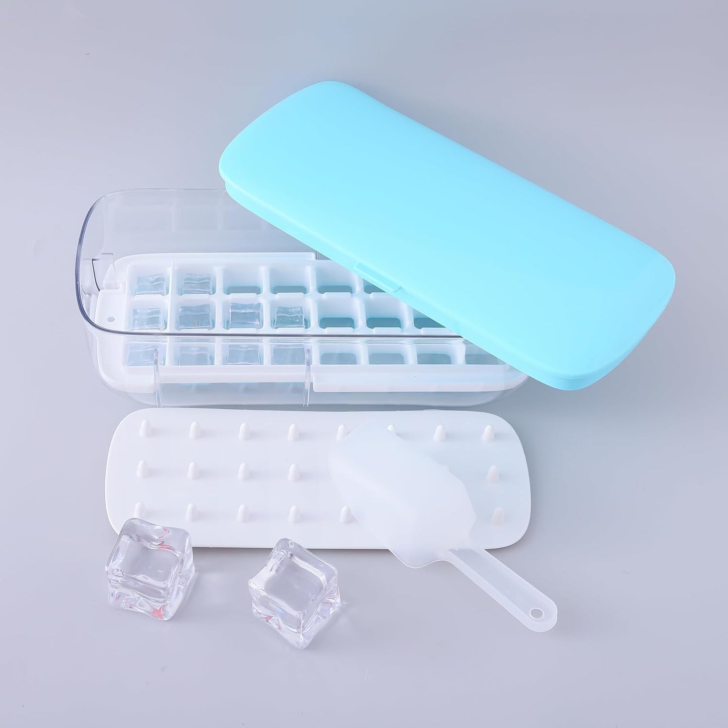 Kuber Industries Pack of 2 Ice Cube Tray with Lid | Ice Cube Storage Box with Ice Scoop | 24 Ice Cube Molds for Freezing | One-Press Demolding | BPA Free | Blue