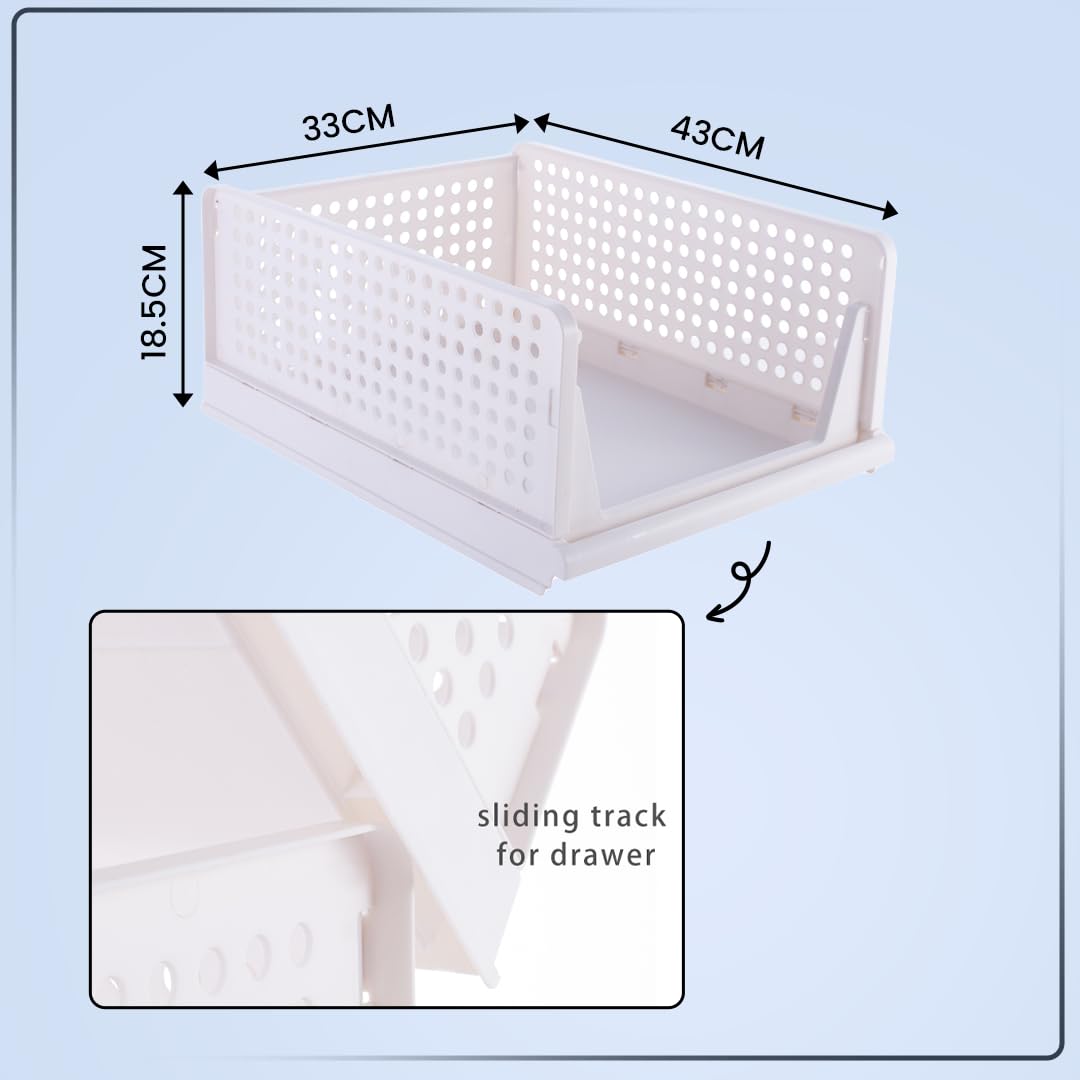 Foldable & Stackable Wardrobe Organizer - Durable Plastic Shelf | Freestanding | Medium Size | White