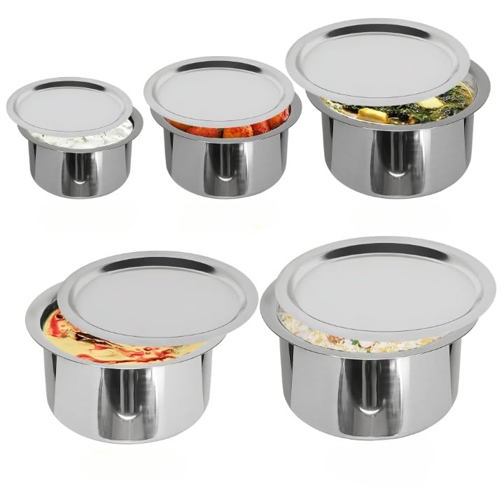 SAVYA HOME Stainless Steel Tope Set with Lid | Food Grade Stainless Steel, Durable & Wobble Free Base | Flat Bottom & Multipurpose | Suitable for Gas & Induction Stove | Tope Kitchen Set of 5