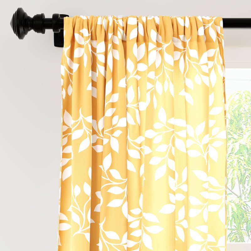 Set of 2: Polyester Printed Window Curtains - Light-Filtering with Tie Back | 5 ft | Reverse Leaf Yellow