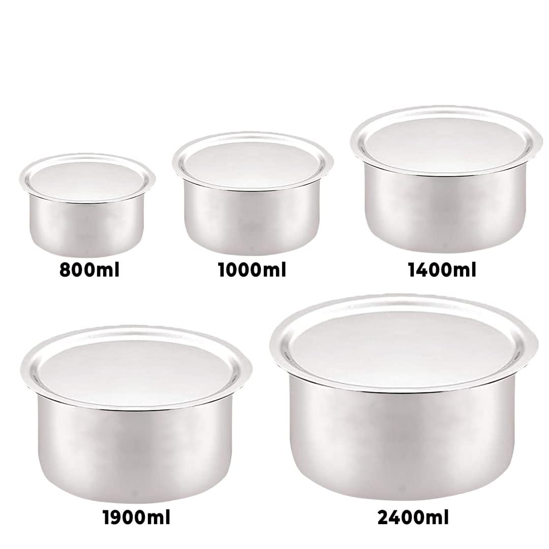 Kuber Industries Steel Tope/Patila/cookware with Lids, 800 ml, 1000 ml, 1400 ml, 1900 ml, 2400 ml, 5 Piece (Steel) (Pack of 6)