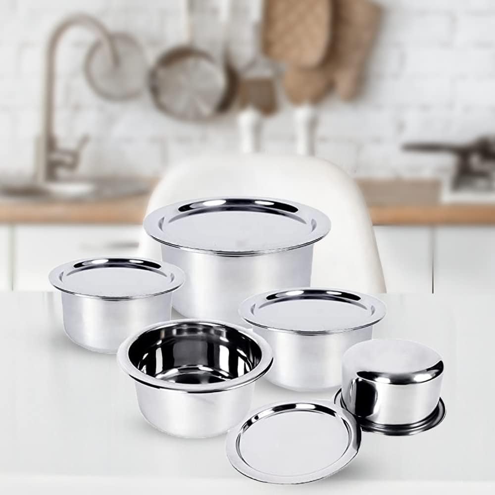 Kuber Industries Steel Tope/Patila/cookware with Lids, 800 ml, 1000 ml, 1400 ml, 1900 ml, 2400 ml, 5 Piece (Steel) (Pack of 6)