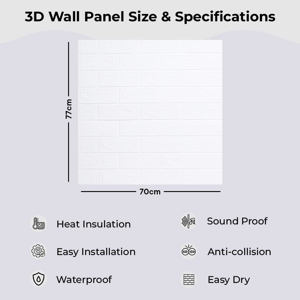 Pack of 2: 3D Foam Brick Pattern Wallpaper | Easy Peel, Stick & Remove | 70cm x 77cm | White