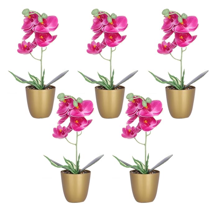 Kuber Industries Artificial Plants for Home D?cor|Natural Looking Indoor Fake Plants with Pot|Artificial Flowers for Decoration-Pack of 5 (Pink)