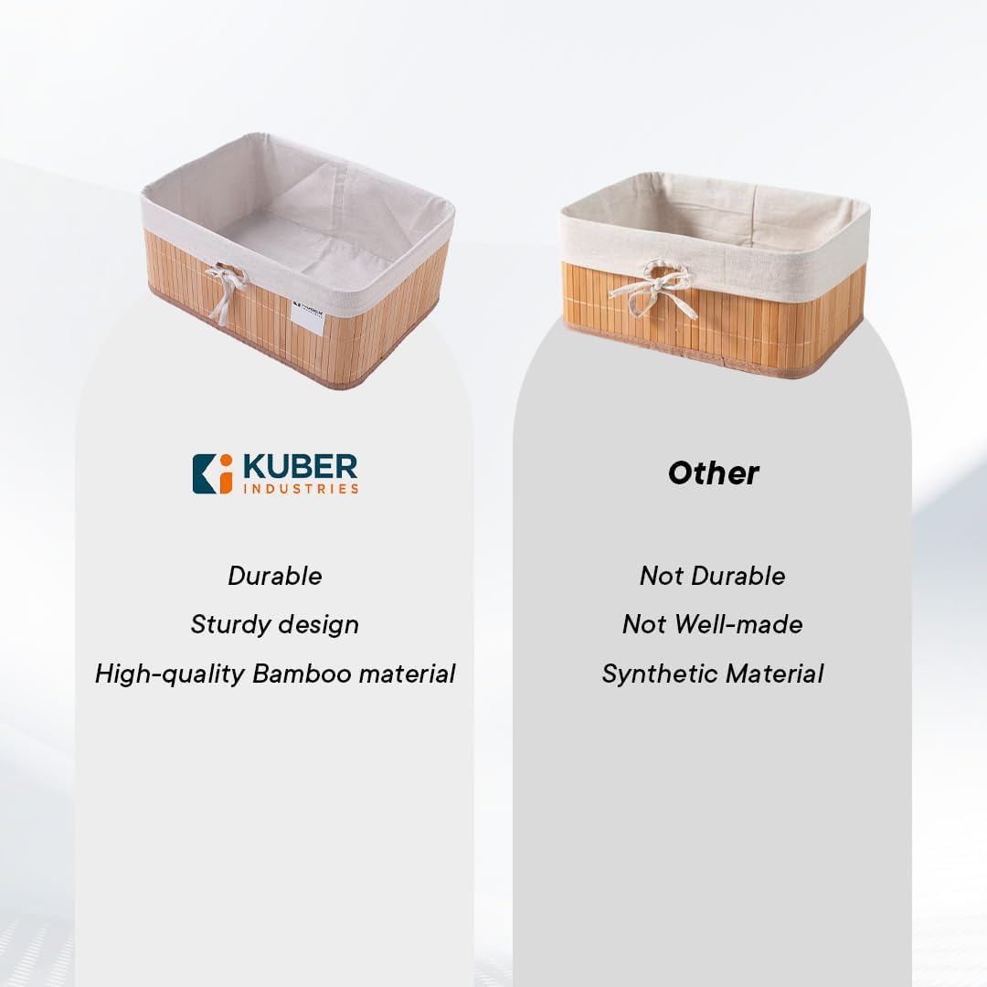 Kuber Industries Pack of 4 Bamboo Storage Basket With Liner|Fodable Storage Organizer|Box For Cloth, Toiletry, Bathroom|Capacity 17L, 10.6L|Natural|