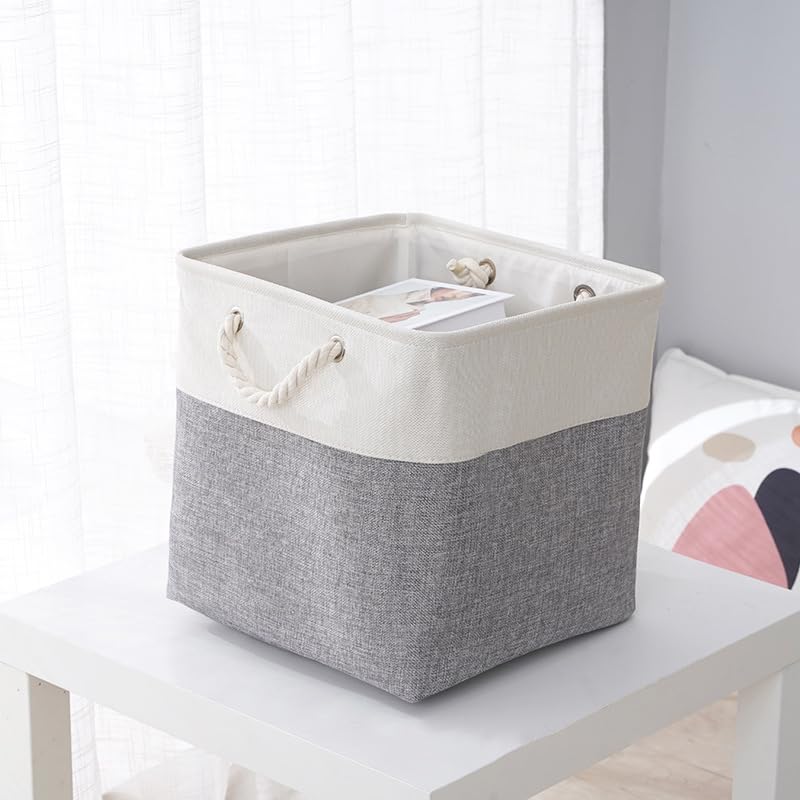 Kuber Industries Pack Of 6 Foldable Storage Basket|Polyester Toy Storage Bin|Wardrobe Organizer For Clothes (Grey & White)