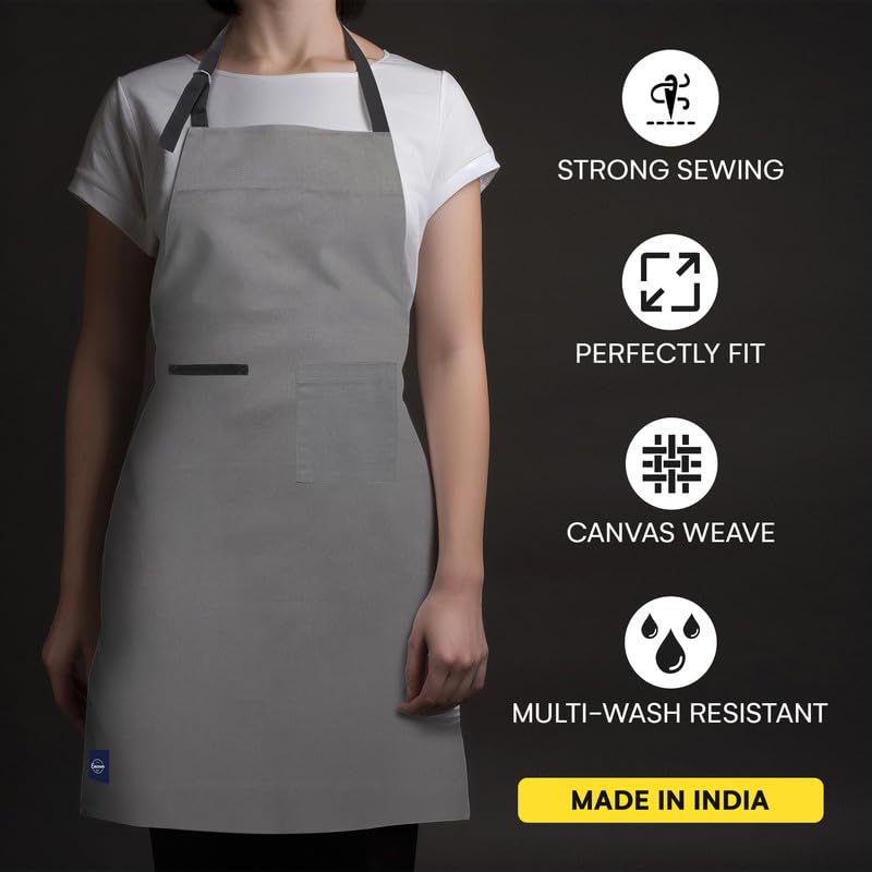 Encasa XO Cotton Stain-Resistant Kitchen Bib Apron - Grey With Adjustable Straps, Pocket & Towel Holder | For Home & Outdoors Cooking - Men & Women - 68x85 cm