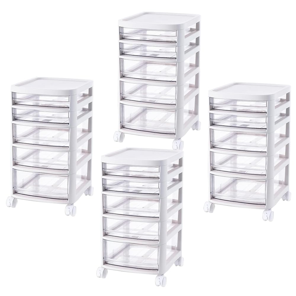 Pack of 4: 5-Layer Cosmetic Cabinet with Trolley | 5-Tier Rolling Cart & Drawer | White | Space-Saving Design