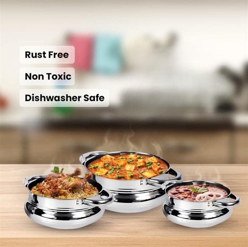 Kuber Industries Stainless Steel Handi Casserole Set of 3 with Lid|Cook and Serve|600 ml, 1 Litre, 1.6 Litre Capacity|Biryani Handi, Saucepan, Silver|Patila/Tope for Kitchen Combo of 3 (Pack Of 6)