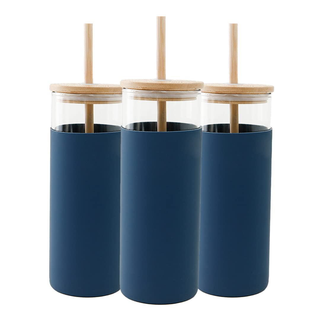 Pack of 3: Borosilicate Glass Tumblers - Leak & Sweat Proof | Includes Lid & Bamboo Straw | 450ml | Blue