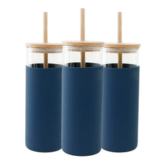 The Better Home Borosilicate Glass Tumbler with Lid and Straw 450ml (Pack of 3) | Water & Coffee Tumbler with Bamboo Straw & Lid | Leak & Sweat Proof | Durable Travel Coffee Mug with Lid (Blue)