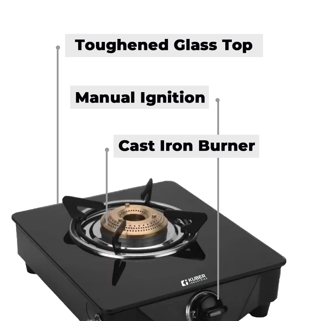 Gas Stove 1 Burner - Wobble Free Pan Support, Break Resistant | Compact Design | 27 x 27 x 12 CM | Black