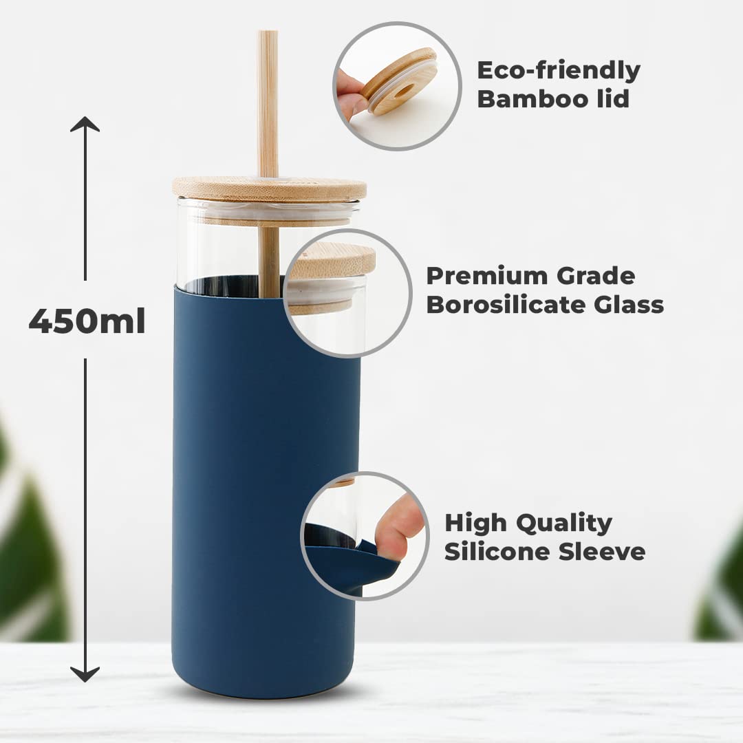 Pack of 3: Borosilicate Glass Tumblers - Leak & Sweat Proof | Includes Lid & Bamboo Straw | 450ml | Blue