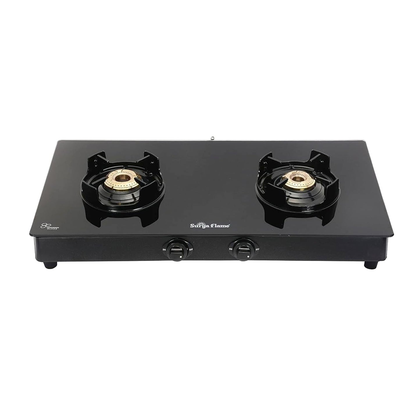 Surya Flame Black Beauty LPG Gas Stove 2 Burner Manual Ignition Glass Top | Flame Protection Pan Support | Anti Skid Legs | 2 Years Complete Doorstep Warranty