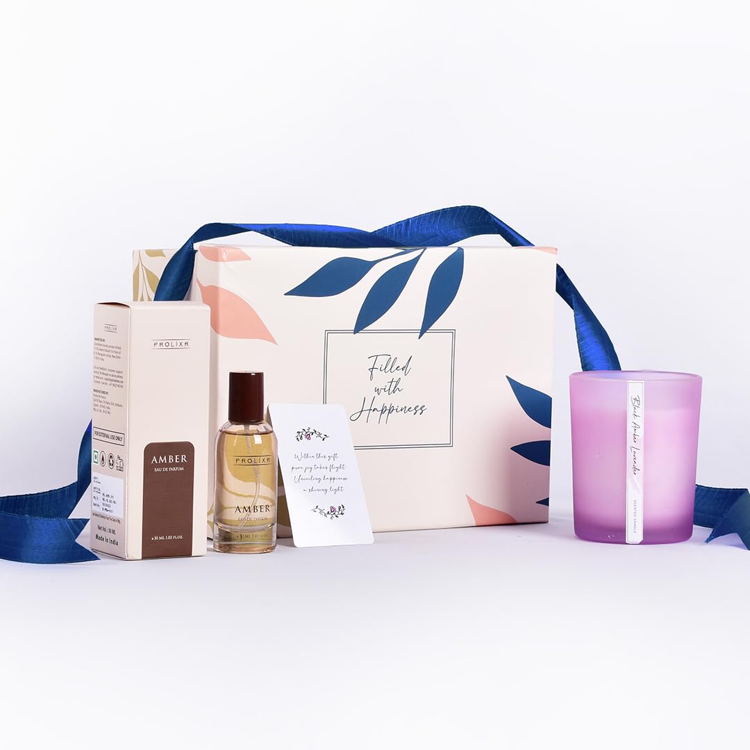 Combo: Gleevers Divine Aroma Gift Box - Amber Perfume & Lavender Candle | 30ml & 250gm | Elegant Gift Set
