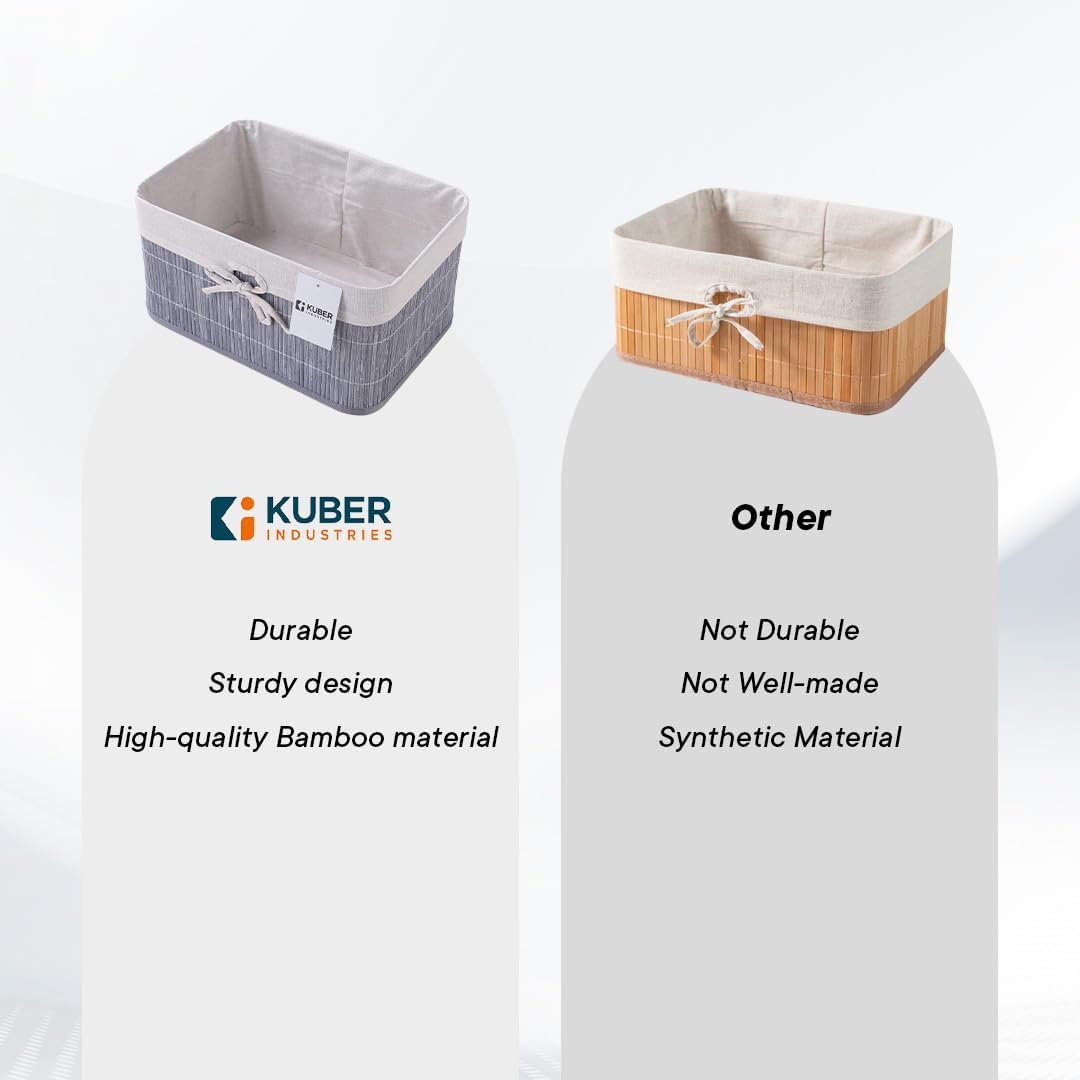 Kuber Industries Pack of 20 Bamboo Storage Basket With Liner|Fodable Storage Organizer|Box For Cloth, Toiletry, Bathroom|Capacity 12.9L, 6L, 3L, 3.3L|GREY|