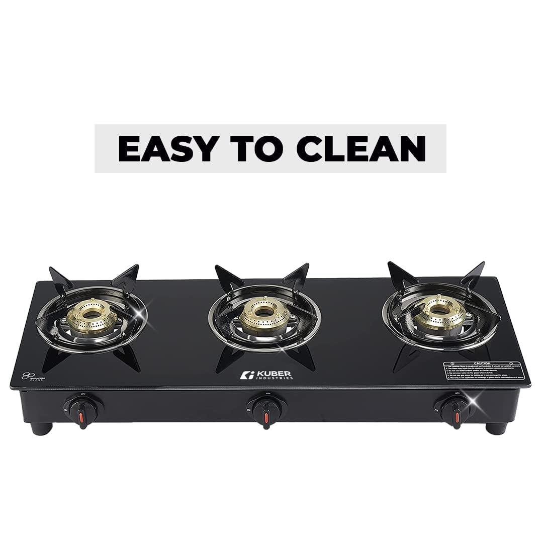 Gas Stove 3 Burner - Easy to Clean, Wobble Free Design | 1 Piece Gas Burner Included | Compact | Black