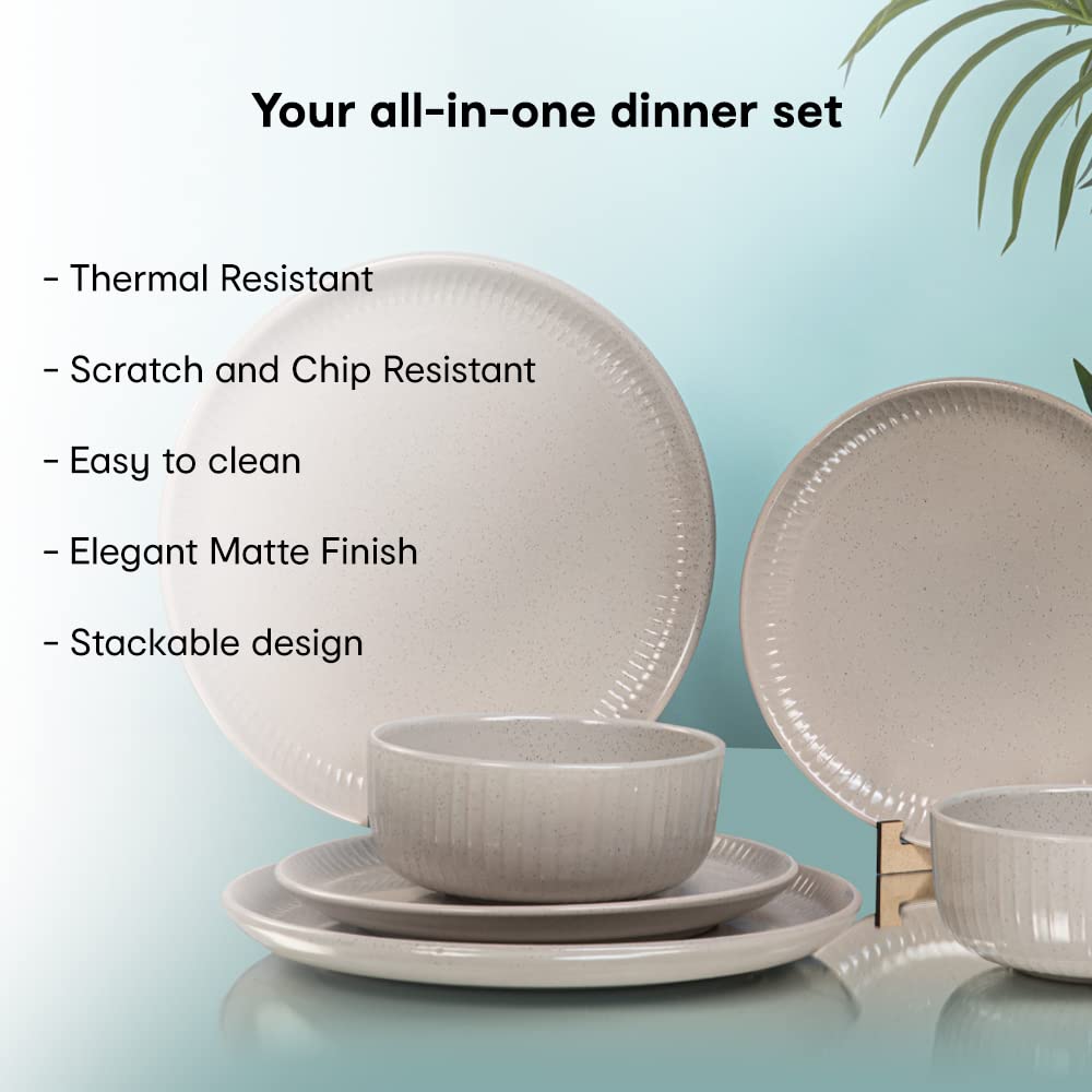 Combo: 12-Piece Stoneware Dinner Set - Microwave Safe | 4 Bowls, 4 Plates | Ceramic | Grey